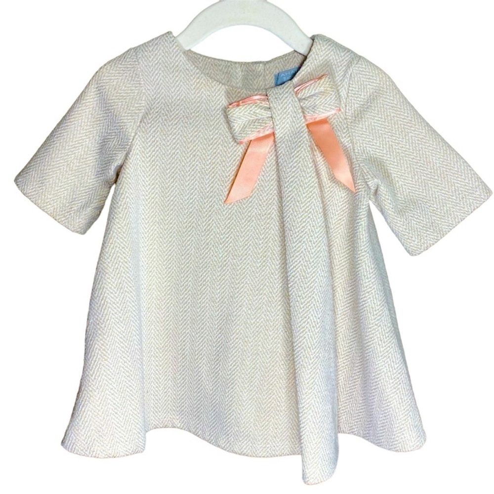 Tahari Baby Cream Chevron Stripe Dress w/ Peach Bow Size 24 Months
